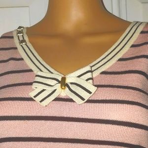ST JOHN KNIT PRETTY PINK WHITE KNIT STRIPE BOW SHELL